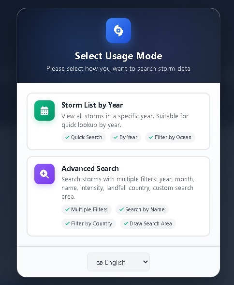 Toggle between 2 modes: Display storms by year and advanced search