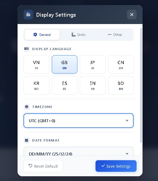 Display settings with multiple options for users from different countries (language, timezone, date format, measurement units)